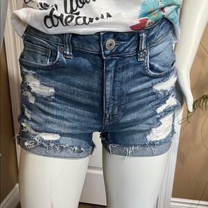 American Eagle Distressed High-Waist Denim Shorts - Blue